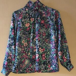 Notations Womens Petite Size 8 80s Vtg Silky Long Sleeve High Neck Floral Blouse